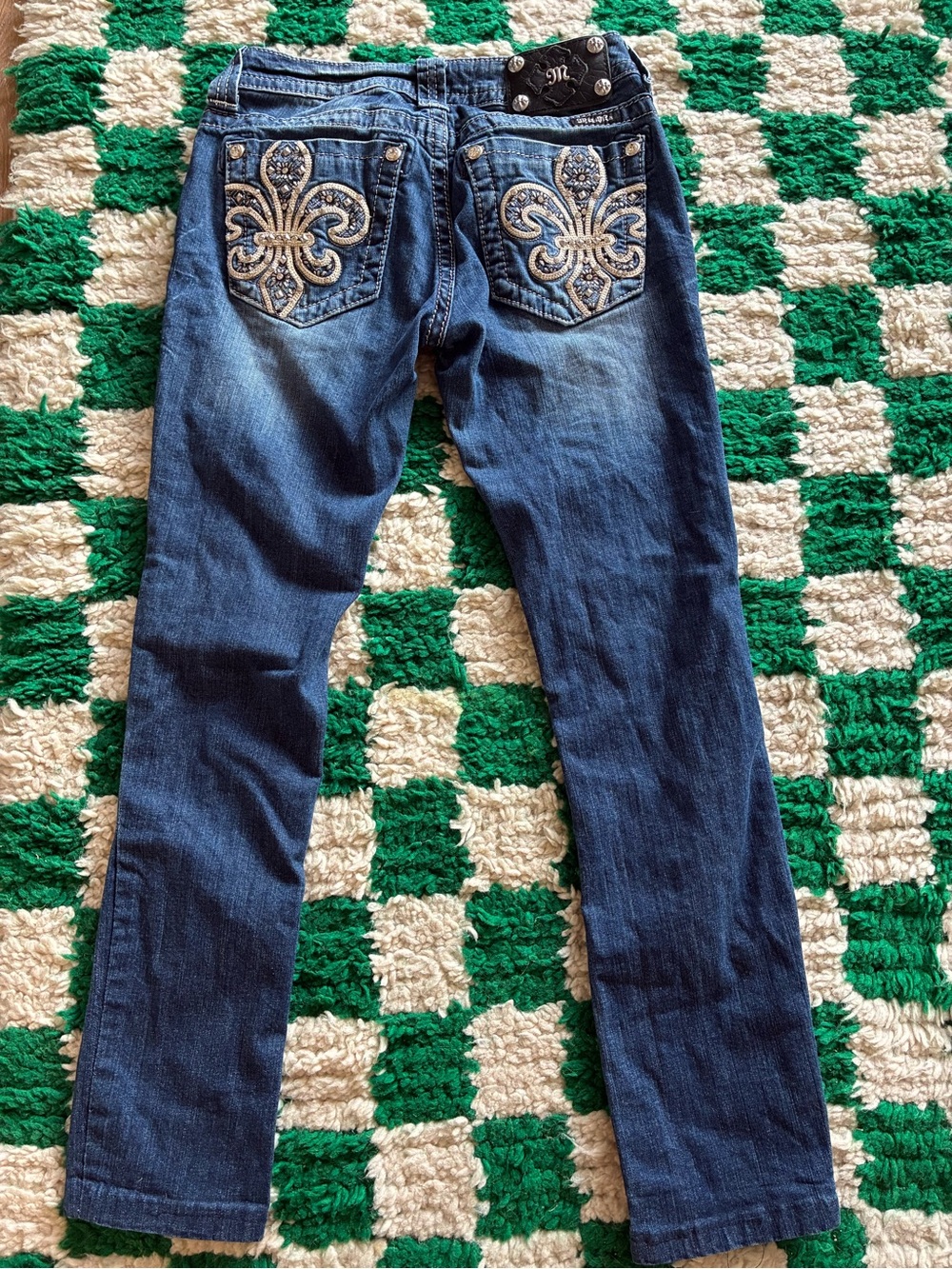 Miss Me Jeans Fleur de Lis Embellished Pockets Dark Wash Bootcut Jeans Y2k 2000s